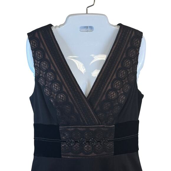 KAY UNGER Black Lace Overlay Bodice V Neck Knee Length Cocktail Dress Women's 8 - Picture 2 of 12